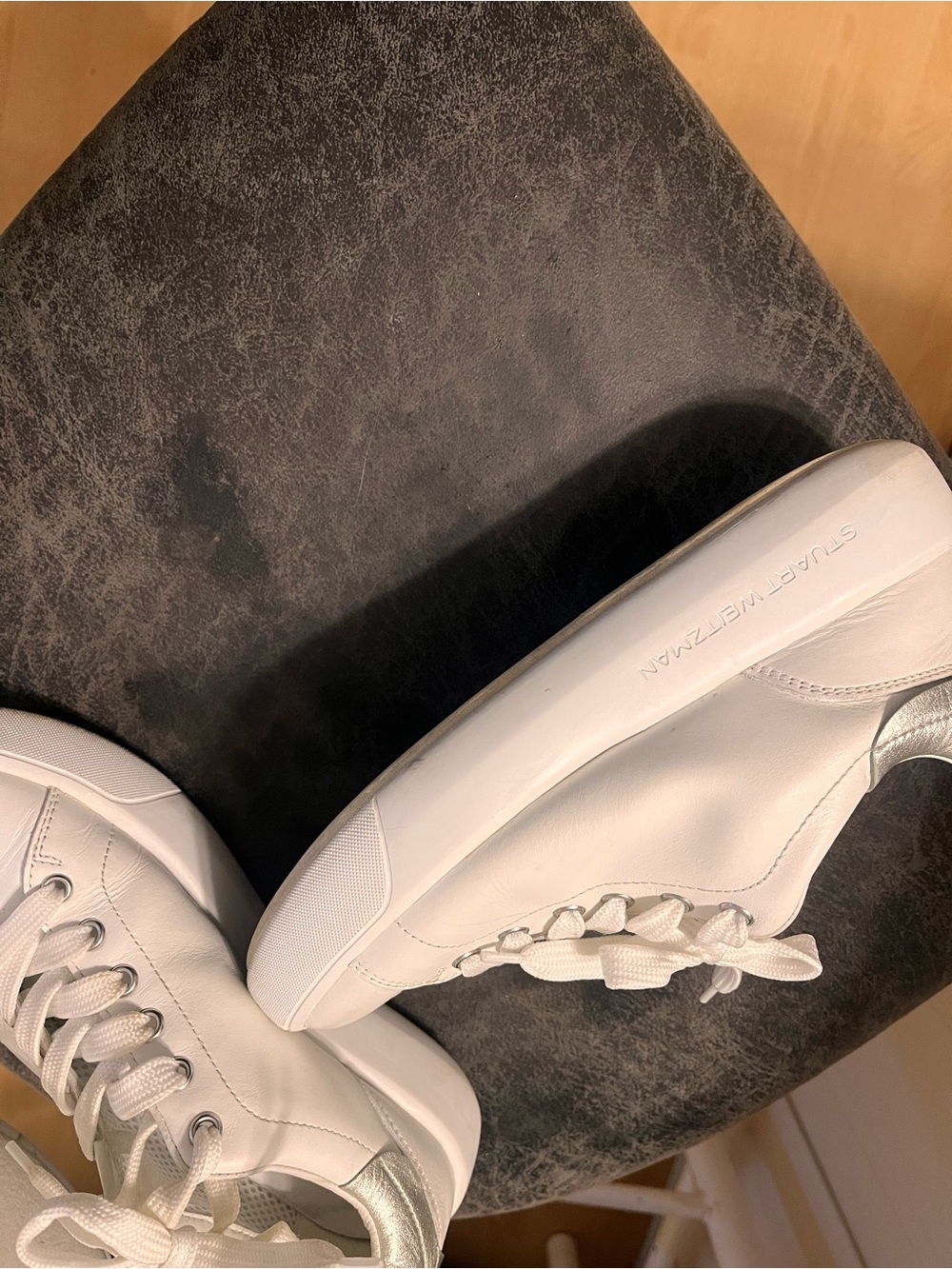 Stuart Weitzman White Leather Courtside Low-Top Sneakers - Picture 2 of 7